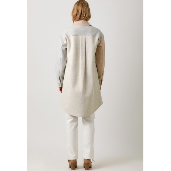 "The Elaine" Ivory/Latte Color Block Long Shacket - Picture 5 of 6